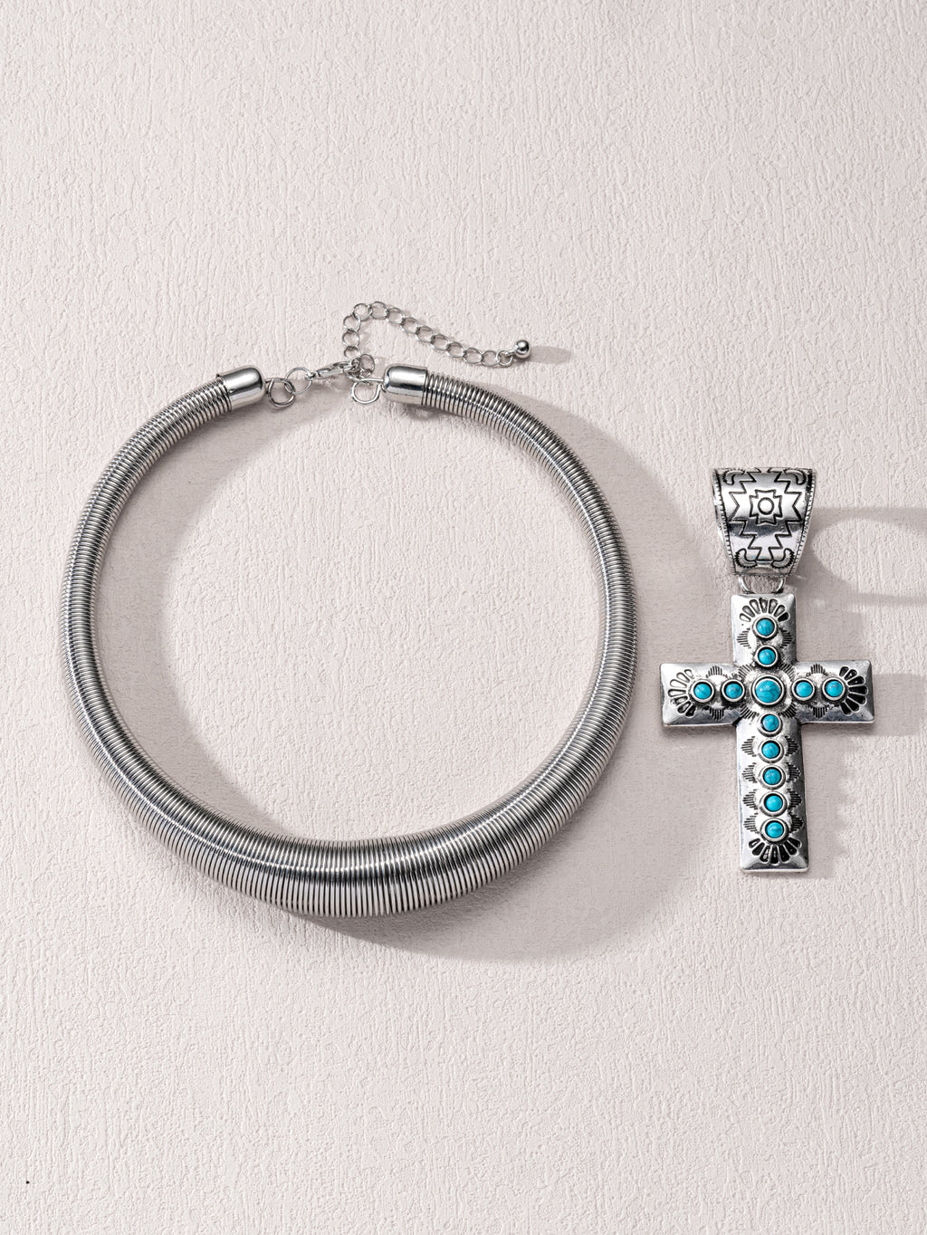 1 piece of retro gothic punk style metal cross pendant necklace, imitation turquoise gemstone, heavy snake bone chain, unisex punk hip-hop gothic style accessry,