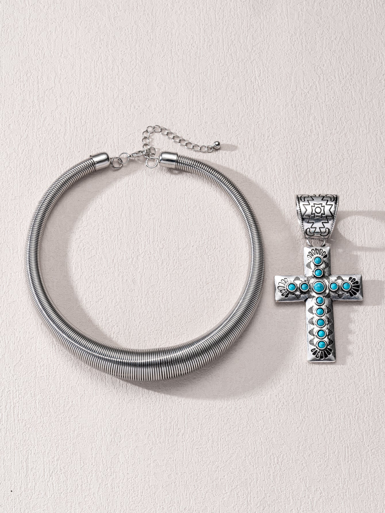 1 piece of retro gothic punk style metal cross pendant necklace, imitation turquoise gemstone, heavy snake bone chain, unisex punk hip-hop gothic style accessry,