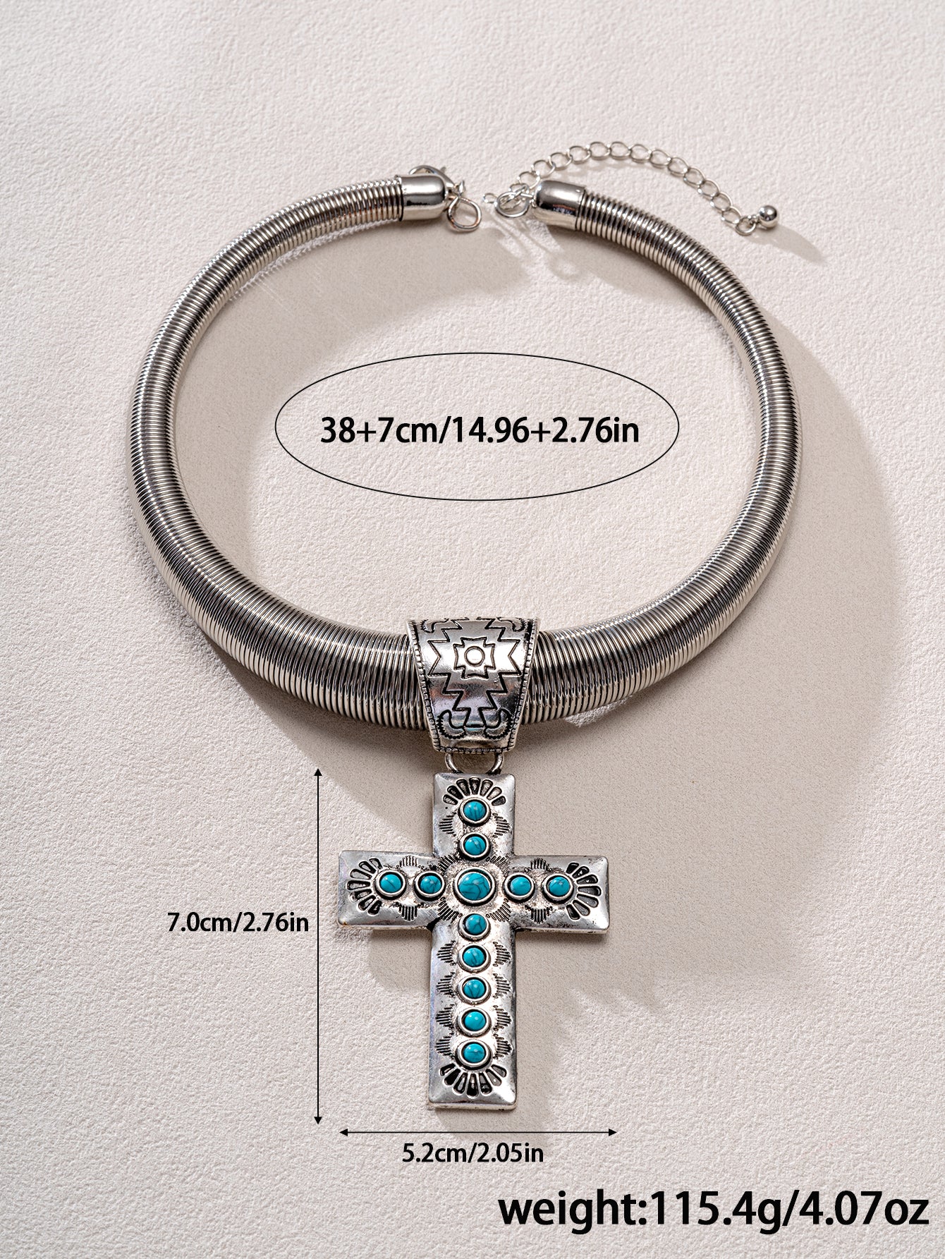 1 piece of retro gothic punk style metal cross pendant necklace, imitation turquoise gemstone, heavy snake bone chain, unisex punk hip-hop gothic style accessry,